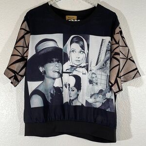 BEULAH STYLE AUDREY HEPBURN PHOTO COLLAGE SHIRT SHORT SLEEVE SIZE SMALL